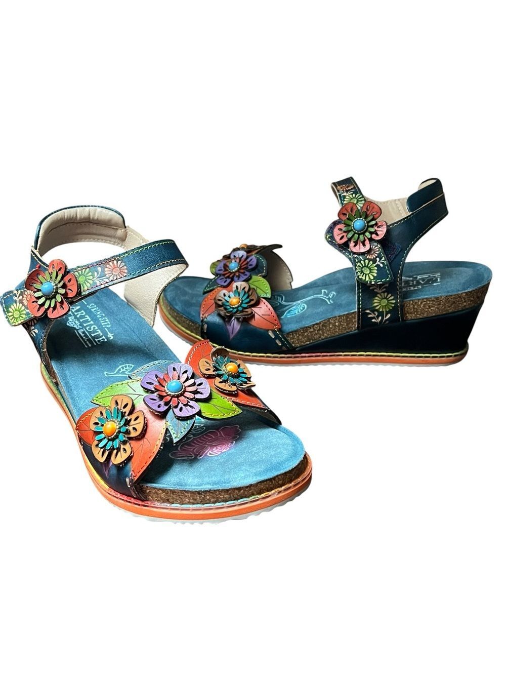 L’Artiste Spring Step Floral Leather Wedge Sandals Boho Cottagecore Comfort 10